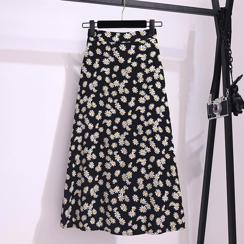 Летняя длинная приталенная шифоновая черная юбка, 2020, цветочный принт, А-силуэт