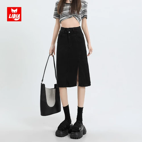 Черная летняя приталенная джинсовая юбка, высокая талия, А-силуэт