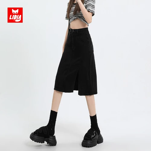 Черная летняя приталенная джинсовая юбка, высокая талия, А-силуэт