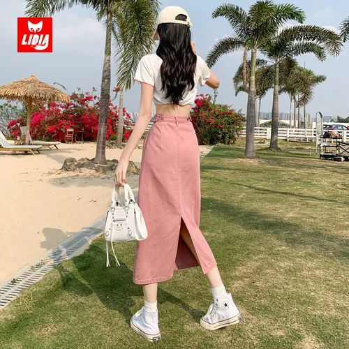 Розовая осенняя приталенная джинсовая юбка, А-силуэт, высокая талия