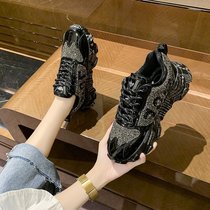 European station newspaper graffiti rhinestone father shoes womens tide Net red super fire 2021 spring new black thick sole