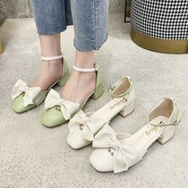 Baotou sandals womens spring and summer 2021 New thick heel bow Korean version of shallow mouth Joker with high heels