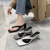 Net Red fashion sandals women 2021 summer new high heels thick heel Flip-flops ins fairy style Roman shoes tide