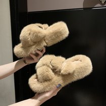 European station net red wool cotton slippers womens fashion wear lazy autumn and winter indoor plush home with a word thick bottom
