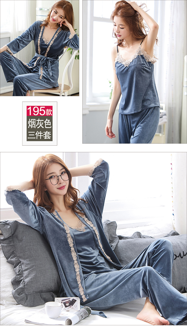 Đồ ngủ mới của phụ nữ mùa thu và mùa đông ngỗng xuống váy ngủ gợi cảm sling dài tay vàng nhung ba dịch vụ nhà có thể được mặc đồ bộ ống suông