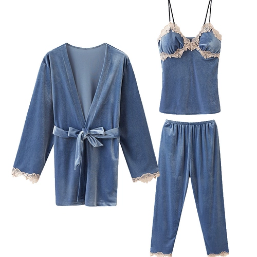 Демисезонная пижама, бархатный лебедь, сексуальный банный халат, лонгслив, комплект, 2023, эффект подтяжки, 3 предмета