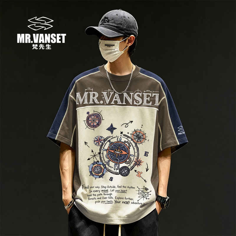 Mr. Vanset Summer Patchwork Cool Short-Sleeve T-Shirt for Men, Trendy Brand, Loose Fit, Compass Vintage American High Street Style Mr. Vanset Summer Patchwork Cool Short-Sleeve T-Shirt for Men, Trendy Brand, Loose Fit, Compass Vintage American High Street Style