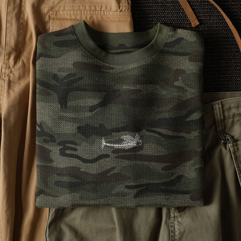 Xccc Fishbone Cotton Blend 350g Heavyweight Short Wide Jacquard Small Pleated American Street Casual Camouflage Long Sleeve T-Shirt Xccc Fishbone Cotton Blend 350g Heavyweight Short Wide Jacquard Small Pleated American Street Casual Camouflage Long Sleeve T-Shirt