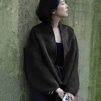 欧洲站文艺复古斗篷式机车风V领10.5%骆驼绒双面呢大衣短外套