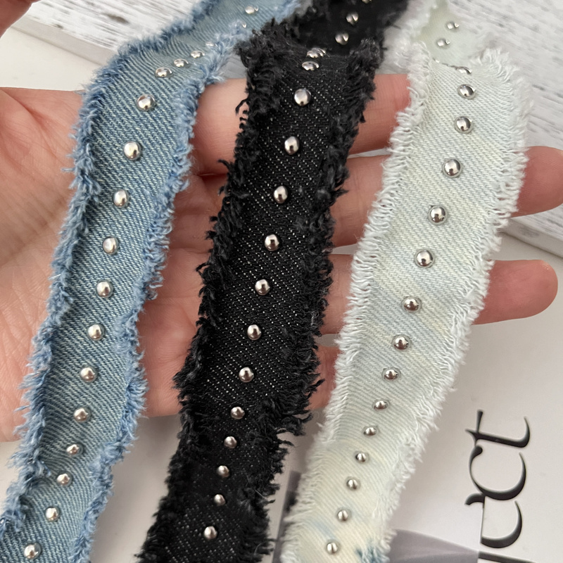 9.9  2.5cm Wide Blue Denim Fabric with Raw Edges, Lace Trim, Small Chanel-Style Rivets, Clothing Edging Strip