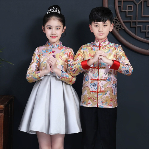 Детский комплект для школьников, костюм мальчика цветочника, платье, ципао, китайский стиль