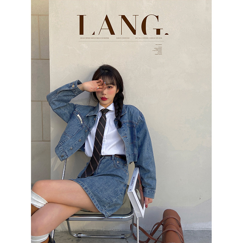 Spot Barbie Aunt Cowboy Suit Woman Summer Thin-style Fried Street Korean Short Jeans Half Body Dress A dress with two sets