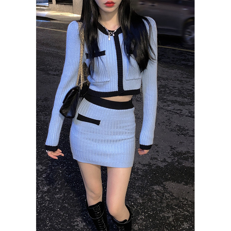 Aunt Barbie Spring Festival Knitted Suit 2022 New Gentleness Wind Soft Glutinous Long Sleeve Sweatshirt Bag Hip half dress Two sets-Taobao