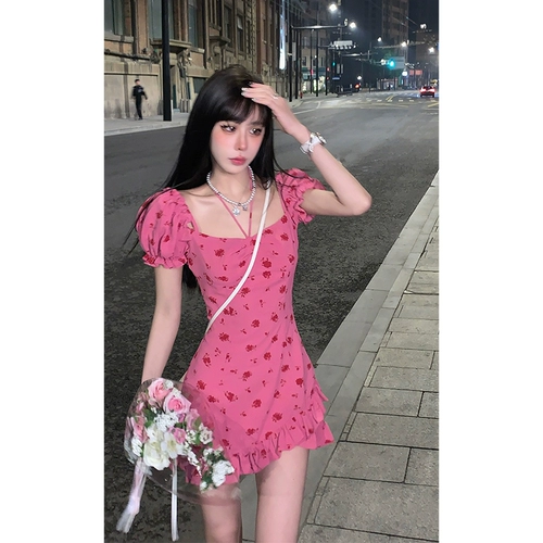 Осеннее платье, мини-юбка, длинная юбка, квадратный вырез, в цветочек, с открытой спиной, средней длины