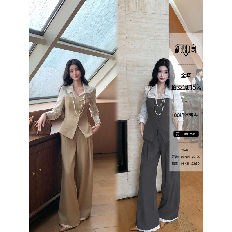 Barb Chill "Intelligent and Fashionable" Tencel Linen Fake Two-Piece Shirt Top + Wide-Leg Suit Pants Set Barb Chill "Intelligent and Fashionable" Tencel Linen Fake Two-Piece Shirt Top + Wide-Leg Suit Pants Set