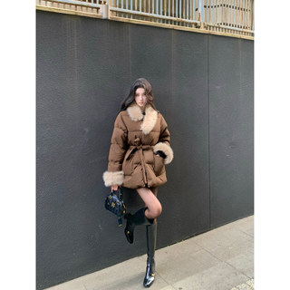 Barb Chill Retro 90S White Duck down Jacket for Women, Winter Patchwork Fur Collar Loose Mid-Length Coat