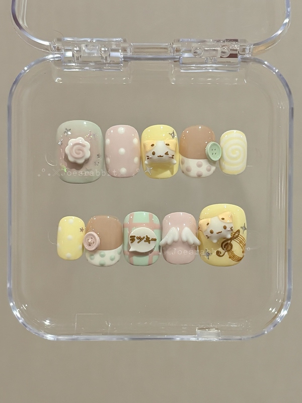 Joesrabbit【Original】｜Handmade Wearable Nails Marshmallow Cat Polka Dot Wings Cute Girly Style