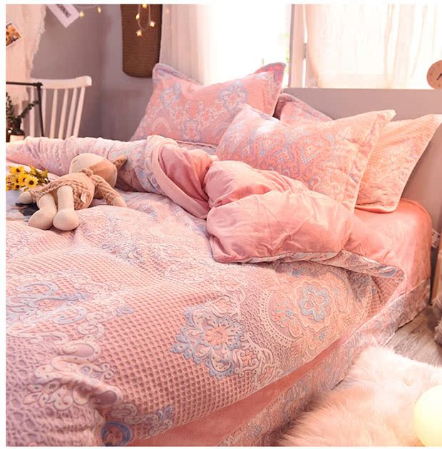 5D khắc gia đình nhung san hô bốn luật Levin cashmere flannel mùa đông dày hai mặt giường pha lê nhung vải quilt - Bộ đồ giường bốn mảnh chăn gối