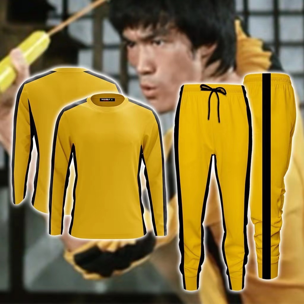 ブルース・リーを取り巻くデスゲーム、男女同じ服装、カジュアルスポーツ、黄色のTシャツ、トップス、ズボン、コススーツ