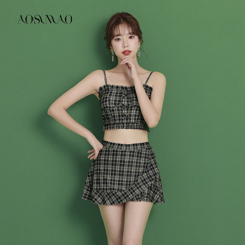 Swimsuit women's summer 2022 new conservative two-piece slimming cover belly small chest gathered skirt sexy sling swimwear