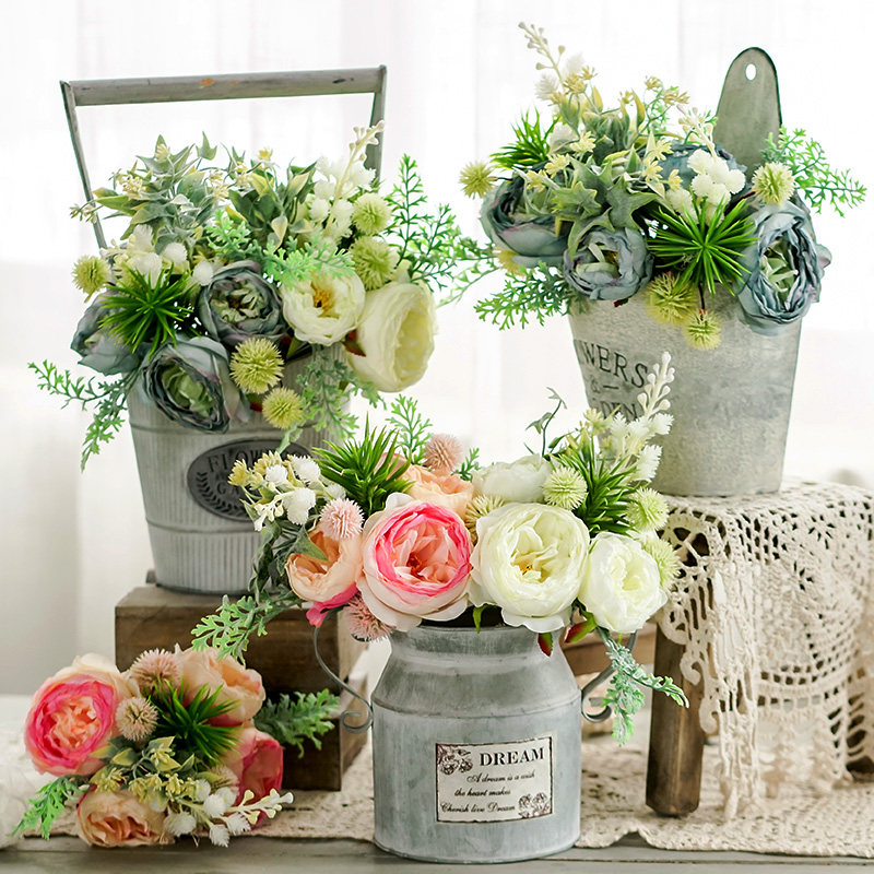 Left bank wheat field island view hand-tied fur ball peony flower 32cm short branch flower arrangement living room coffee table artificial flower fake flower tie flower