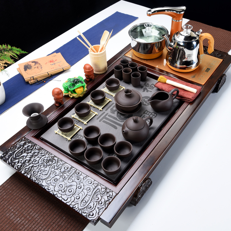 All the popular kung fu home sitting room of a complete set of ceramic tea set automatic household solid wood tea tray tea set