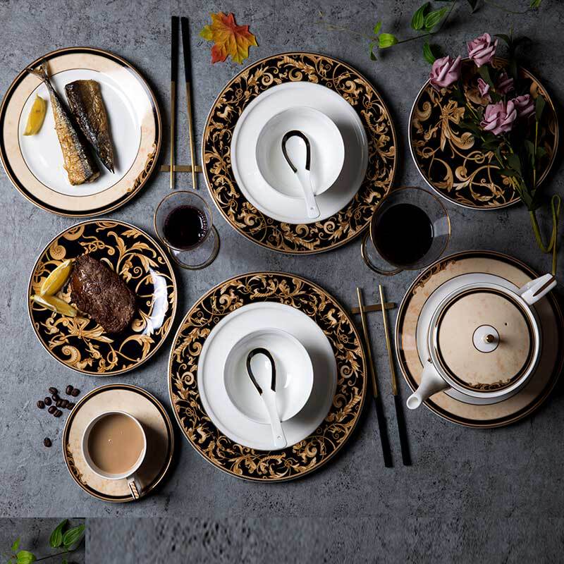 Beshan Light Luxury Style Unicorn Western-Style Ceramic Gold-Rimmed Plate Steak Plate Rice Bowl Plate Household Tableware Set
