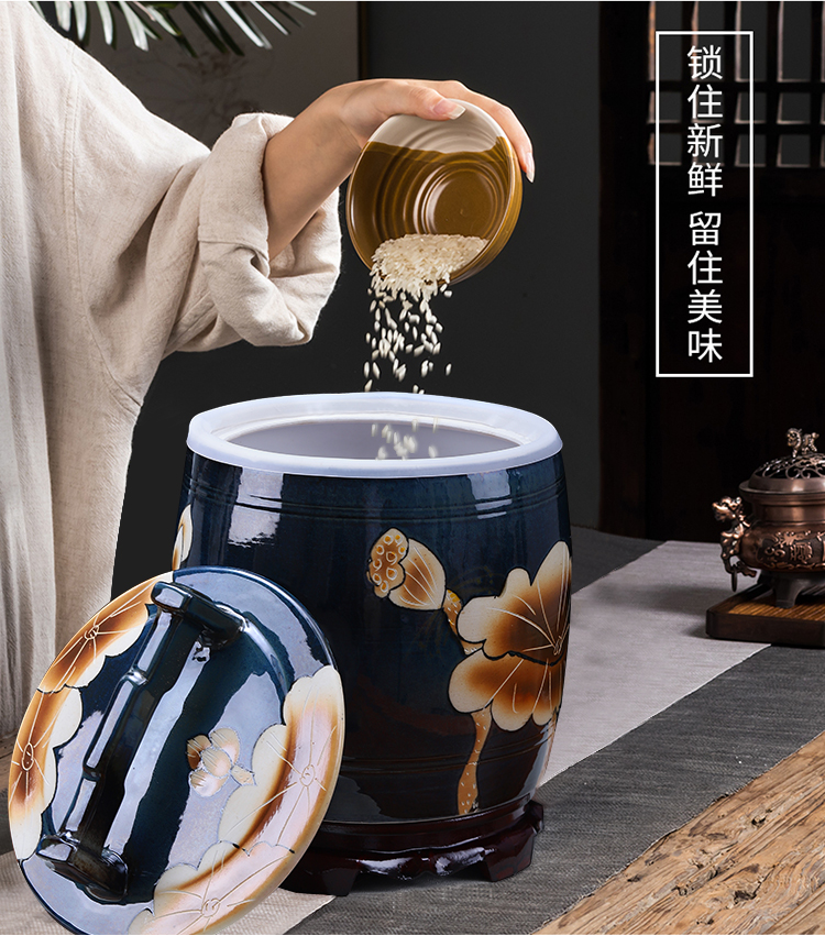 Jingdezhen ceramic barrel household with cover ricer box insect - resistant 30 kilo meters box ricer box seal flour storage tanks