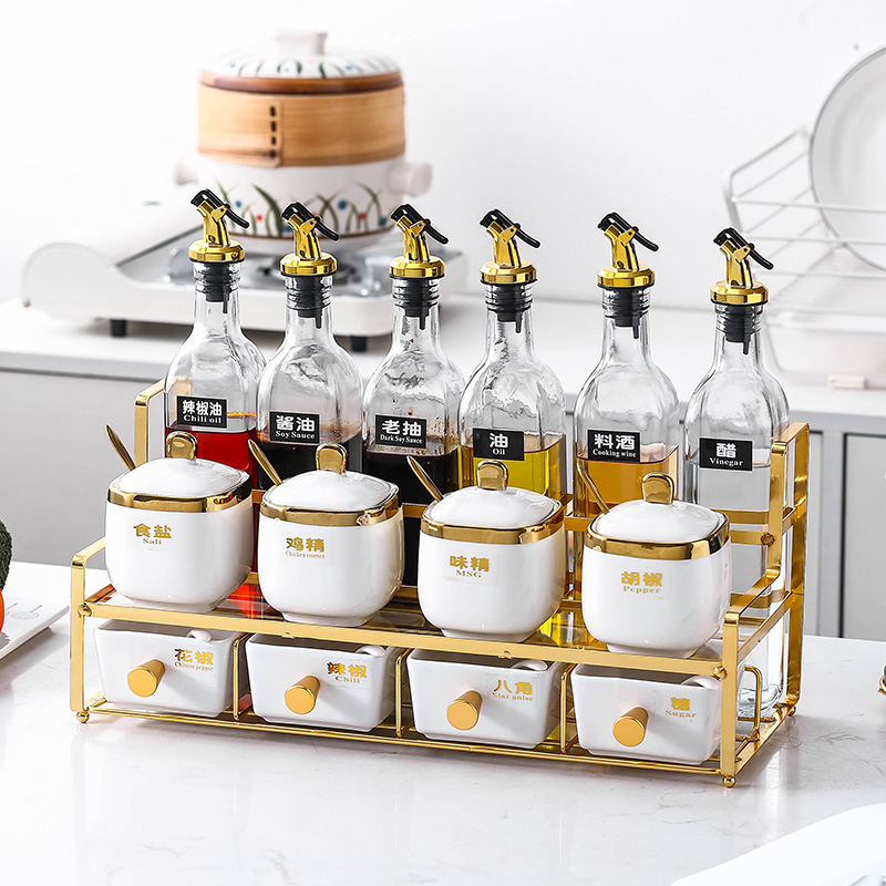 Sauce seasoning can suit the Nordic, wrought iron ceramic combination box household glass Sauce seasoning bottle kitchen shelf