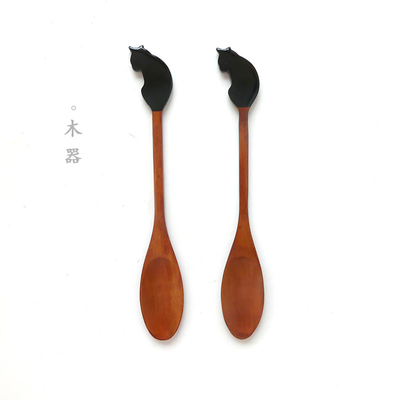 Day Style Wooden Spoon Creativity Small Cat Handle Cartoon Stirring Spoon Commercial Long Handle Sweet Spoonful Spoon Field Wind Log Cutlery