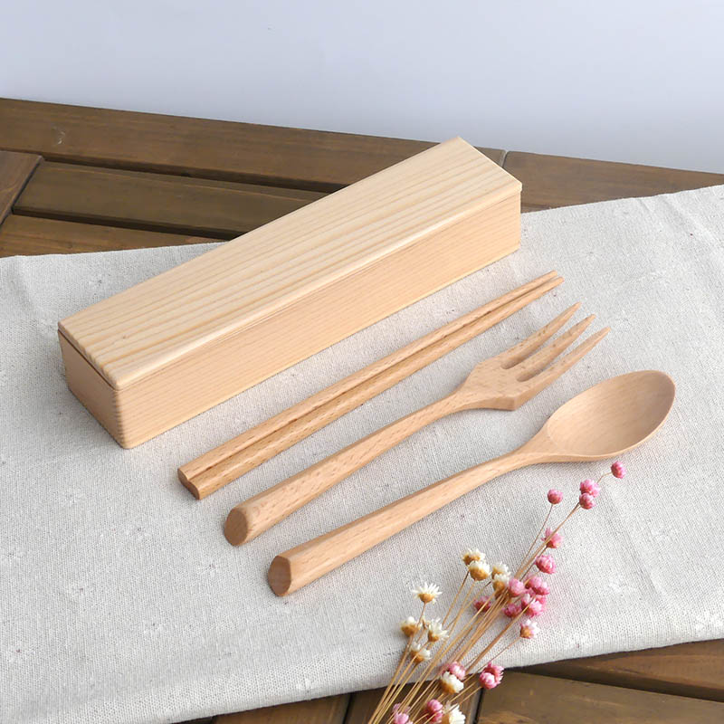 Day-Style Wooden Chopsticks Spoon Box Suit Adult Children Students Portable Cutlery Four Pieces Wooden Spoon Lettering