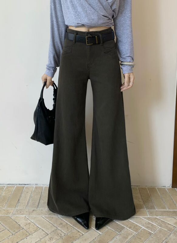 Benmi Original Korean Style Four-Way Stretch Wide-Leg Flared Jeans for Women with Belt and Floor-Length Pants # 8328