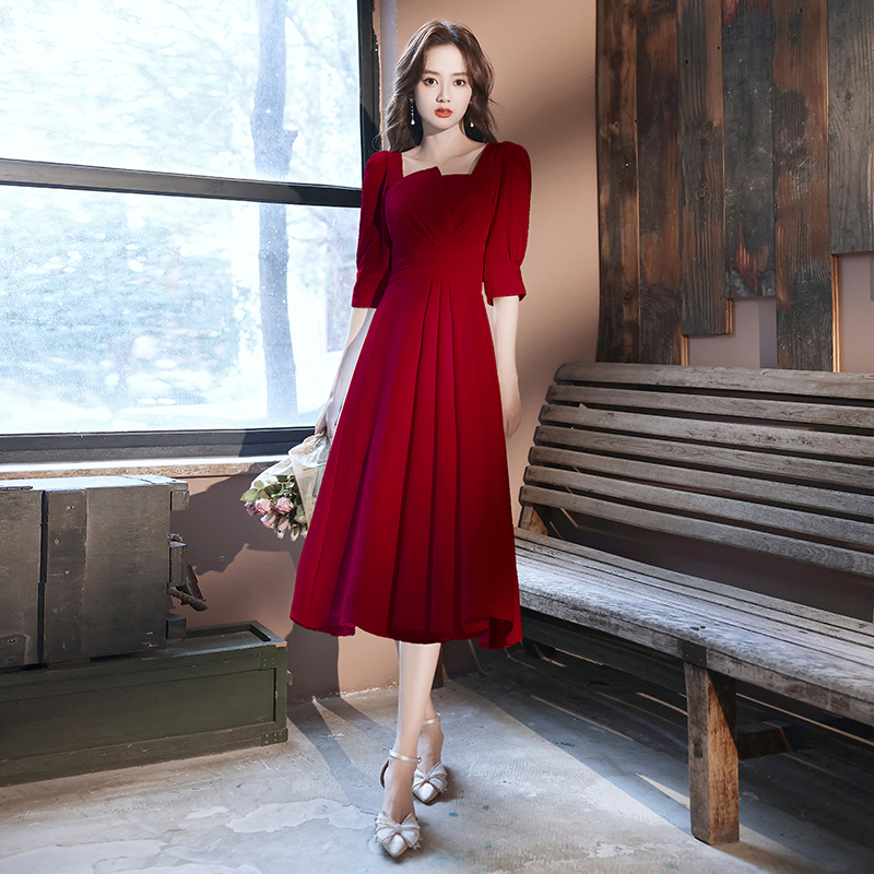  XL+210201 wine red mid -length and medium sleeves  