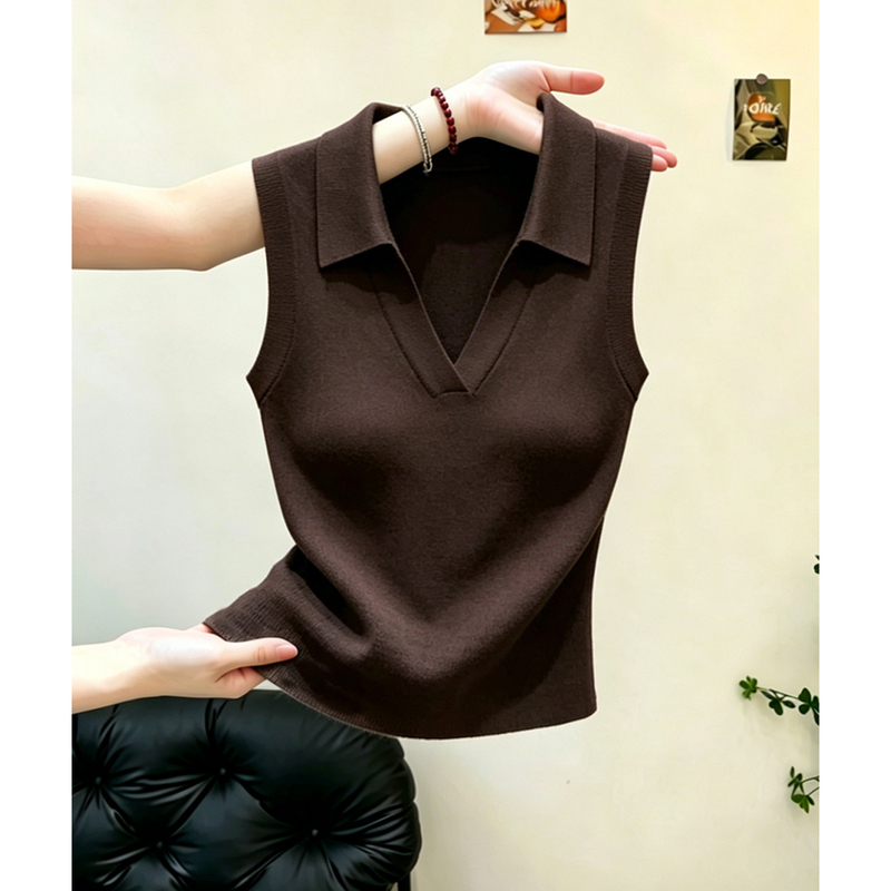 French-Style Deep Brown Polo Collar Sleeveless Vest for Women, New Summer Casual Design Versatile Pullover Top