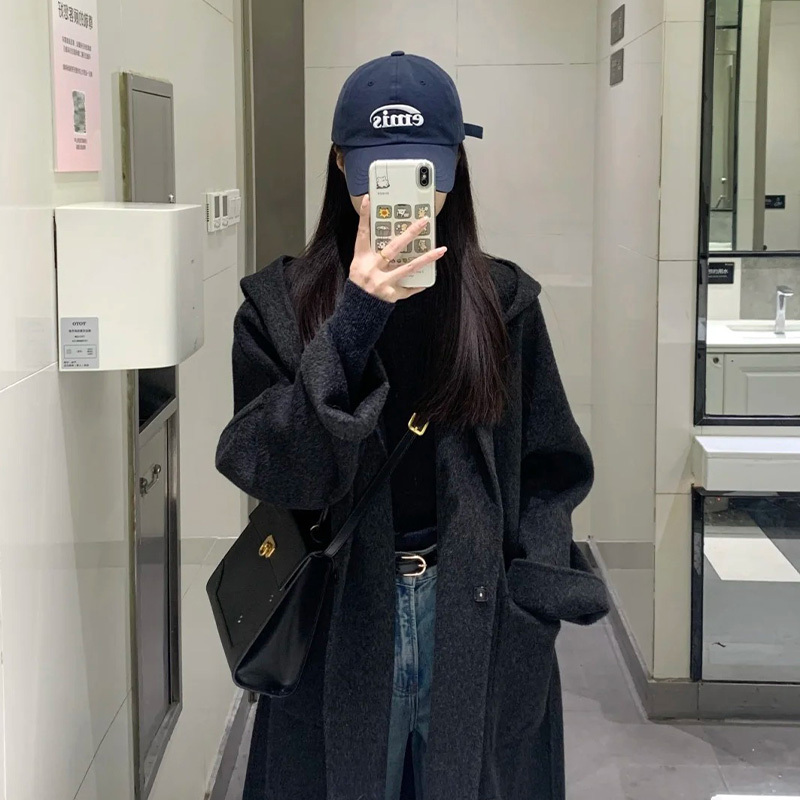 Dark Gray Hooded Double-Sided Wool Coat for Women, Mid-Length, 2025 Autumn and Winter New Style, High-End Wool Woolen Coat