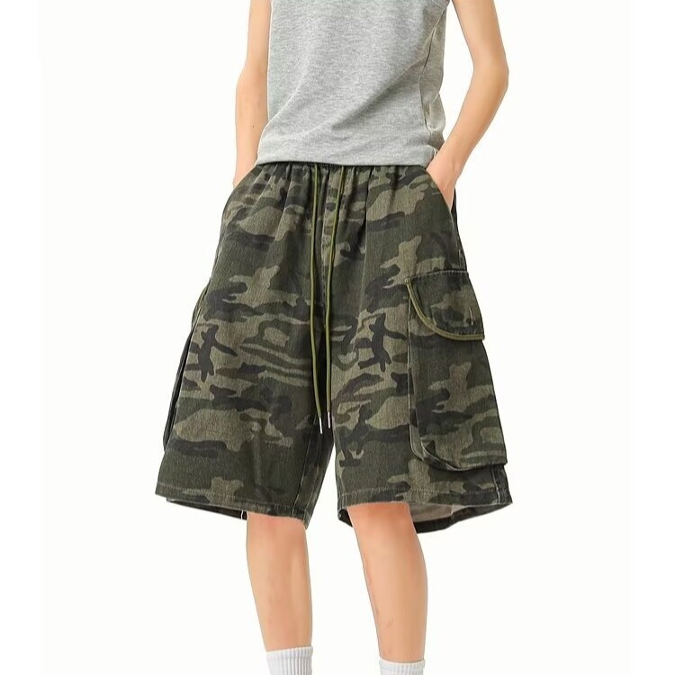 Trendy Brand Plus-Size Multi-Pocket Camouflage Workwear Denim Shorts for Men, Summer Hip-Hop Straight Wide-Leg Knee-Length Shorts