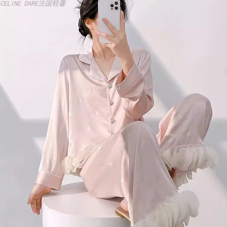 2026 French-Style Sweet Silk Lapel Cardigan-Style Pajamas for Women, Long-Sleeve Loose Loungewear Set for Spring