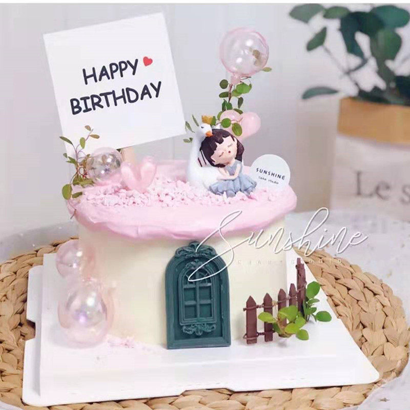 Swan girl cake decoration dessert table cake decoration decoration color ball plug-in one year old baby decoration