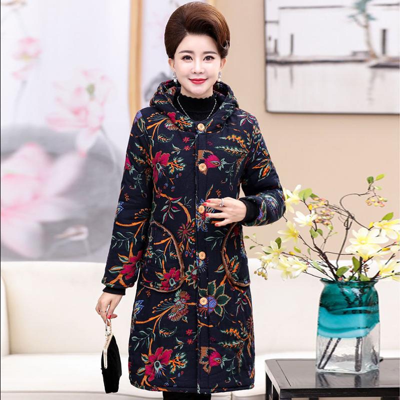 品质中老年妈妈装棉衣女中长款大码棉服加绒加厚连帽民族风棉袄女