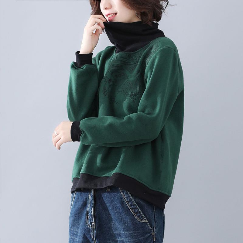 含棉卫衣女秋冬新款韩版加绒加厚长袖大码宽松胖mm刺绣高领打底衫