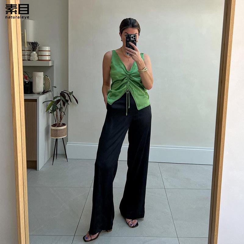 Summer 2025 New Style Deep V-Neck Low-Cut Drawstring Satin Camisole for Outerwear, Sleeveless Tank Top
