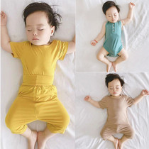 Baby summer cotton high waist Belly Belly pajamas set for boys and girls short sleeve Capri pants two-piece halter