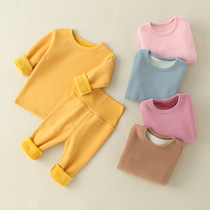 Baby plus velvet thickened warm pajamas set Baby Cotton high waist Belly Belly pants for men and women toddlers two sets