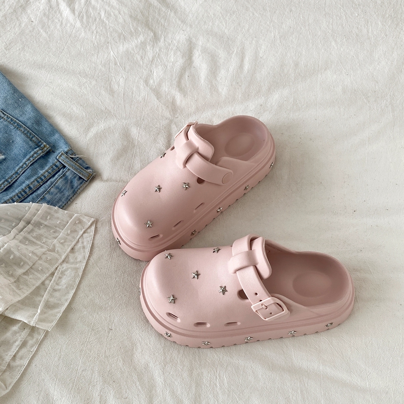 Pink Star-Patterned Thick-Soled Clogs for Women, Spring and Summer Outdoor Wear, Ultra-Comfortable Slip-On Sandals, Birkenstock-Style Shoes