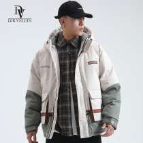  Hooded cotton coat mens 2021 trend winter splicing warm thickened jacket Korean version of wild cotton clothes tide brand quilted jacket