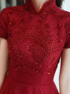 Cheongsam toast dress 2021 new bride temperament is thin burgundy long version dress female dinner party Qi Di stand-up collar skirt