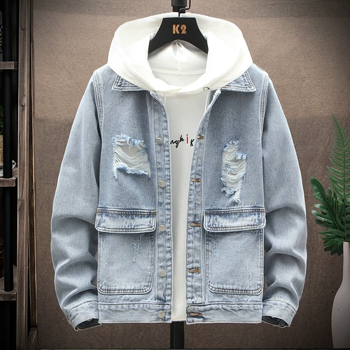 Джинсовая мужская весенняя трендовая куртка с капюшоном, тренд сезона, коллекция 2021, оверсайз