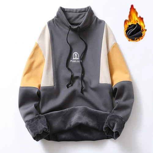 Демисезонная утепленная толстовка, мужская трендовая осенняя брендовая футболка, оверсайз, высокий воротник