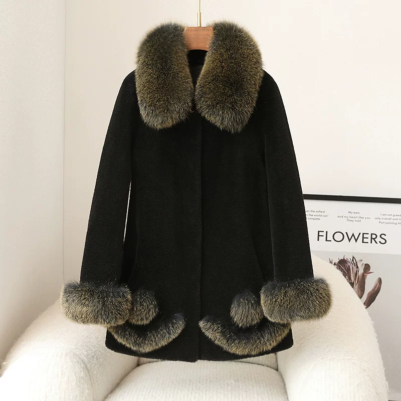 Velvet long woolen jacket, mid-length, for middle age