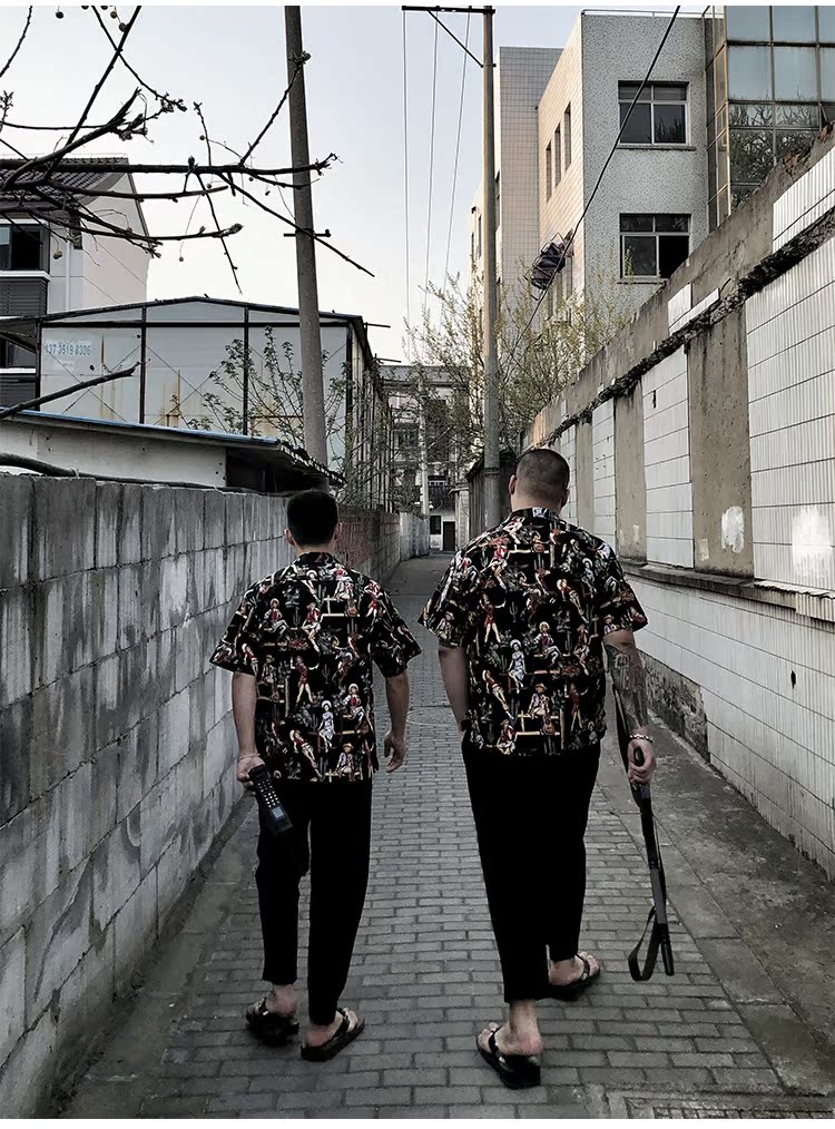Moriyama mạng áo đỏ retro áo sơ mi nam phong cách tăng áo sơ mi Hawaii nửa áo tay áo rung cùng quần áo - Áo áo dài tay phồng